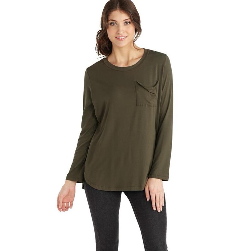 MUD PIE Noah Olive Long Sleeve Jersey Top Women’s Pocket Tee Split Hem T-shirt